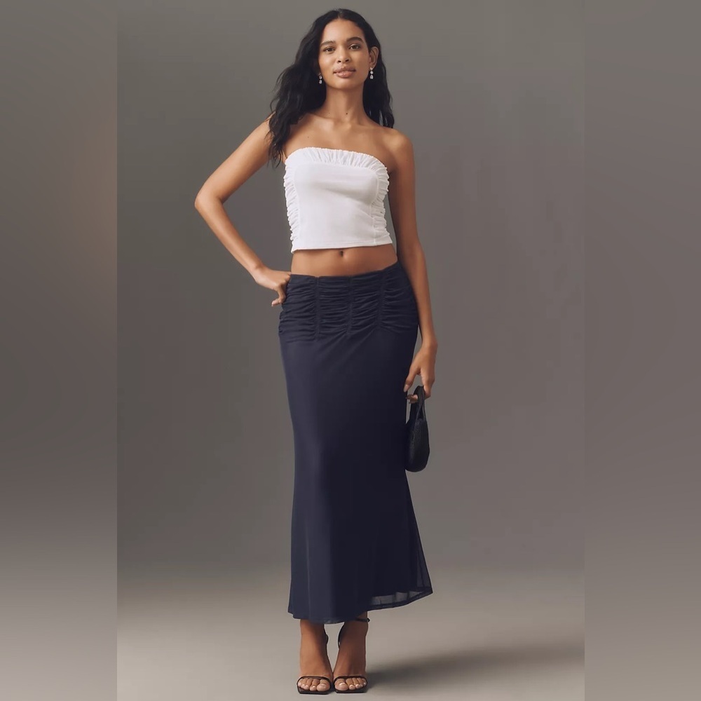 NWT! Anthropologie Navy Storm Maeve Ruched Yoke Column Maxi Skirt 🔖